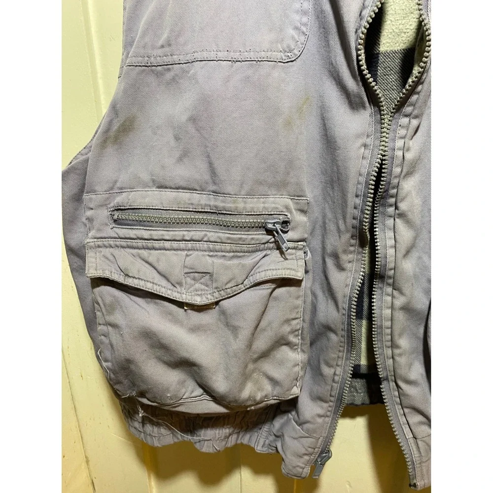 Woodland Reversible Utility Vest Mens XL Grey Twill Buffalo Plaid Flannel Pocket